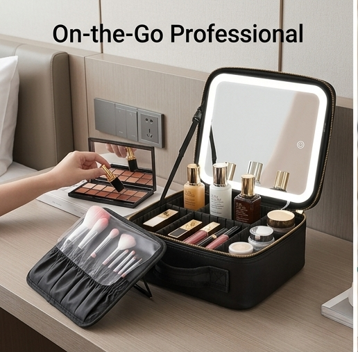 ESTUCHE DE COSMÉTICOS CON ESPEJO LED RECARGABLE NEGRO Y ROSADO (20 UND X CAJA) HZJ-625