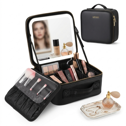 ESTUCHE DE COSMÉTICOS CON ESPEJO LED RECARGABLE NEGRO Y ROSADO (20 UND X CAJA) HZJ-625